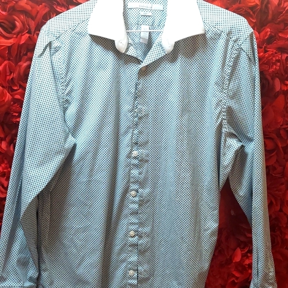 Perry Ellis Portfolio Slim Fit Size Medium Dress Shirt Teal & Navy dot-stain